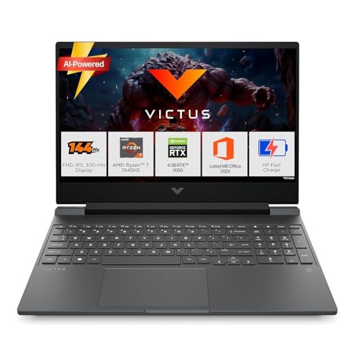 HP Victus, AMD Ryzen 7 7445HS, 4GB RTX 2050, 16GB DDR5(Upgradable) 512GB SSD, FHD, 144Hz, 300 nits, IPS, 15.6''/39.6cm, Win11, M365* Office24, Mica Silver, 2.29kg, fb3123AX, Backlit, Gaming Laptop view 1