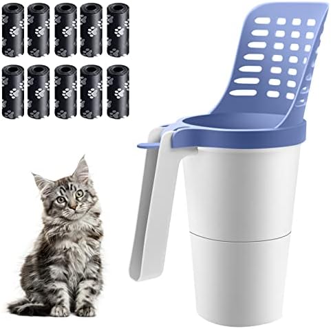 Cat Litter Scooper with Holder, Portable Integrated Litter Scoop Container with Litter Box, Removable Deep Shovel Cat Strong Litter Sifter Scoop System, Cat Poop Scooper with 150 Bags Attached (Blue)