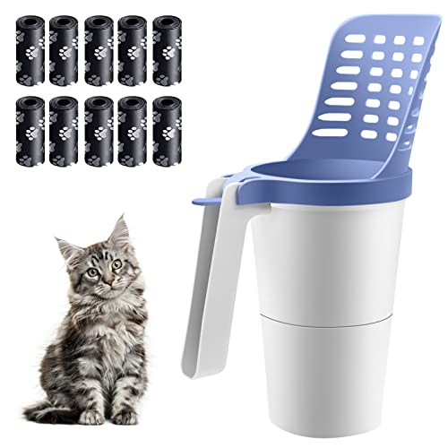 Cat Litter Scooper With Holder, Portable Integrated Litter Scoop Container With Litter Box, Removable Deep Shovel Cat Strong Litter Sifter Scoop System, Cat Poop Scooper With 150 Bags Attached (Blue) #TOP10