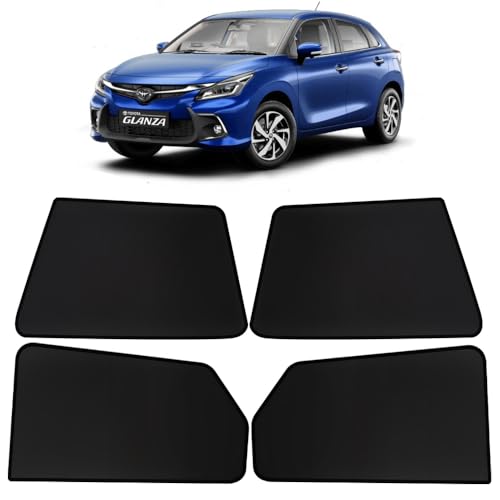 Image of OTO2EYE Car Sun Shade Compatible for Toyota Glanza Model 2022 to 2025, Z-Black Fix Type Side Window Curtains, Only Half Cut in Front Window, 4 Pieces Set