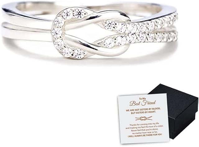 JOVALT To My Best Friend 'Sisters By Heart' Knot Ring, 925 Sterling Silver Square Knot and AAA Grade Cubic Zirconia Sister Rings, Adjustable Open Infinity Friendship Ring for Women Girls