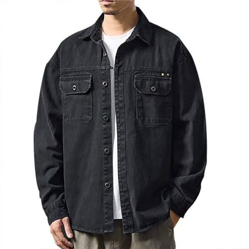 Munweiyu Chaqueta cargo vintage para hombre, chaqueta vaquera, chaqueta occidental, sudadera con bolsillos, chaqueta con botón de presión, chaqueta de otoño, chaqueta de entretiempo, camisa de manga