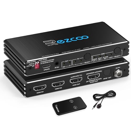 8K @60Hz 4K @120Hz HDMI 2.1 eARC Audio Extractor 2 en 1 Out HDMI Switch eARC 7.1Ch,ARC SPDIF 5.1Ch,VRR, ALLM, HDCP 2.3, HDR10, CEC Compatible with PS5, Xbox, AMD IR Remote Control EDID Management