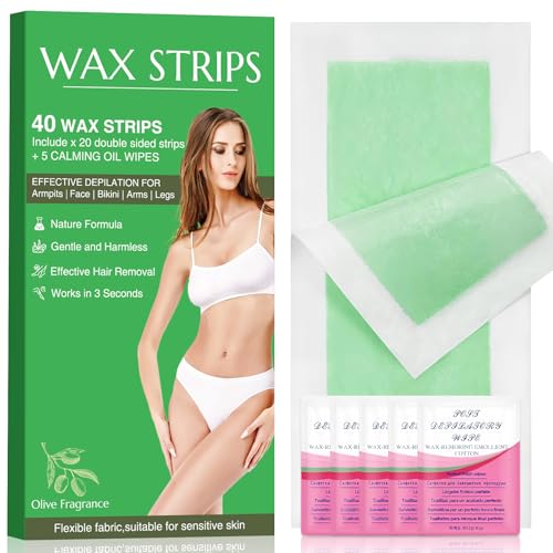 40pcs wax strips - Body Waxing Strips, Wax Kit for Women & Men - Brazilian Wax Kit, Back Waxing Kit, All Skin Types, Arms, Legs, Armpits, Bikini, 98% Natural, Hypoallergenic Odourless, Green