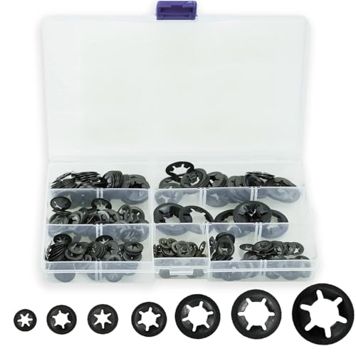 REBECASKYENS - 340 Pcs Starlock Washers, Internal Tooth Lock Washer, Quick Speed Locking Manganese Steel Washer, Push On Locking Clips Fasteners Fixed Lock Assortment Washers Kit - M3/M4/M5/M6/M8/M10/M12 (Black)