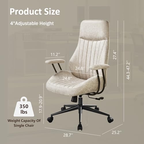 Image of High Back Home Office Chair, Mid Century Vintage Executive Chair,Comfy Ergonomic Rolling Office Task Chair with Lumbar Support, Faux Leather Office Chair,Beige