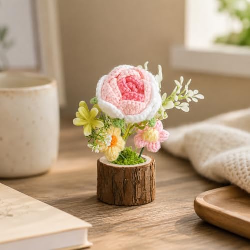 Image of Handmade Crochet Flower with Real Wood Base, 12 cm Pink White & Green Artificial Knitted Rose Bouquet for Home Office Table Shelf Desk Decor, Bedroom Living Room Gift Decoration