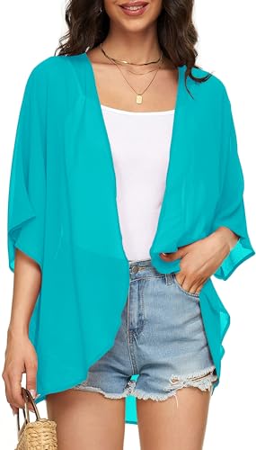 Image of Indian Trendy Women's Solid Puff Sleeve Kimono Cardigan Loose Cover Up Casual Blouse Top Chiffon