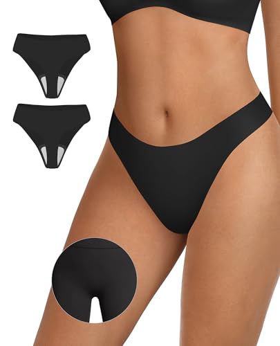 Image of OEAK Seamless Thongs for Women Invisible Thongs No Show Thong Panty Liners Tangas Comfortable Workout G-Strings Underwear Black+Black M