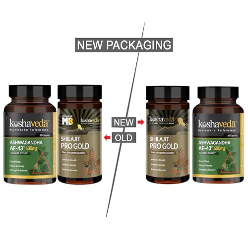 Image of Koshaveda Shilajit Pro Gold (60 Tablets) with Ashwagandha AF-43 600mg (60 Capsules) | for Strength & Recovery
