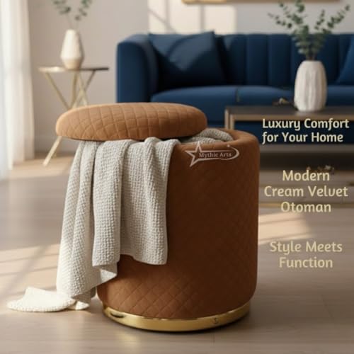 Image of Premium Round Storage Ottoman Stool 13 X 13X 16 inch, with Gold Metal Base | Luxury Pouffe with Hidden Storage | Cushioned Footrest for Living Room, Bedroom & Lounge Coffee