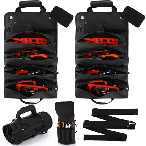 Datanly Lot de 2 sacs à outils enroulables robustes pour homme avec 2 pochettes amovibles à fermeture éclair étanches, petits sacs à outils pour voiture, cadeaux pour papa, mécanicien, électricien