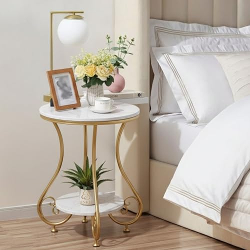Image of Modern Marble Top Side Table with Metal Frame | Round End Table for Living Room & Bedroom (White Gold)