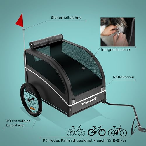 Trevopet® Hundeanhänger für Fahrrad – Faltbarer Hundefahrradanhänger mit Kupplung & Reflektoren – Fahrradanhänger Hunde bis 40 kg – Wasserdicht – Kompatibel mit E-Bikes – Schwarz