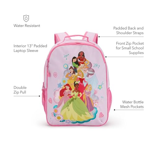 DISNEY STORE Official Princess Backpack - Kids Backpack with Embroidered Accents, Adjustable Straps, Zip Compartments & Mesh Pockets, Screen Art Featuring Moana, Mulan, Belle, Aurora, and More2