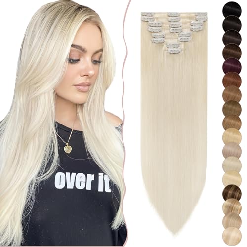 SEGO Extension Clip Cheveux Réels 8 Bandeaux Simples - 100% Remy Human Cheveux Lisses Long Perruque Femme 25 cm (50 g) Blond Platine #60