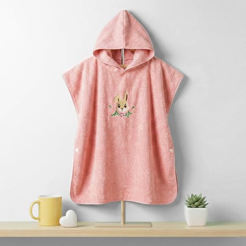 Image of Story@Home Poncho Towel for Kids with Hood | Quick Dry Kids Towel | Soft Lightweight Baby Wrap for Beach 300 GSM 120 X 60CM Pool Towel for Boys & Girls |Kids microfiber towels for bath -Peach - Rabbit