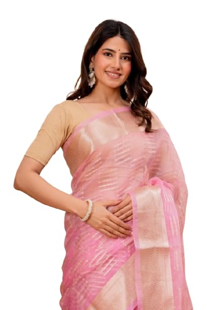 Image of Silk Saree For Women's with Golden Zari Border Blouse | Lightweight Traditional Saree for Women | Wear in Wedding Functions and Cultural Occasions | Pink