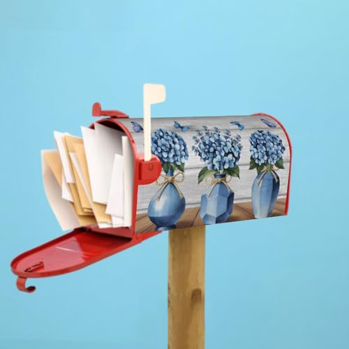 Image of Hydrangea Flowers Mailbox Cover Magnetic, Spring Summer Vintage Blue Floral Vases Mailbox Wrap 21x18Inch, Standard Size Waterproof Letter Post Cover for Yard Garden Outdoor Outside Decor