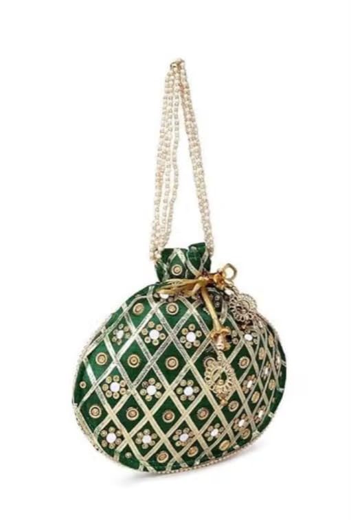 Green Embellished Potli Bag with Pearl Handle-image-42