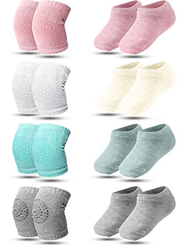 SATINIOR 8 Pairs Crawling Knee Pad Non-Slip Socks Set Knee Protector Toddler Leg Warmer Unisex Soft Cotton Socks for Baby Toddler (Pink, White, Green and Light Gray), Medium
