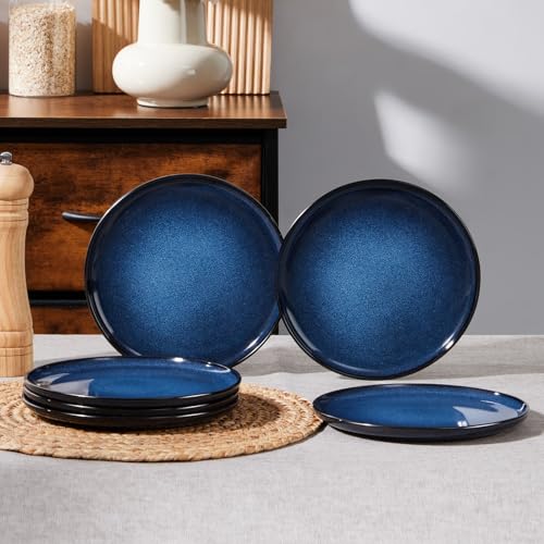 Image of E-far 8 inch Ceramic Salad Plates Set of 6, Reactive Glaze Stoneware Dishes, Round Dessert Plate for Home Kitchen Restaurant, Microwave & Dishwasher Safe - Deep Sea Blue