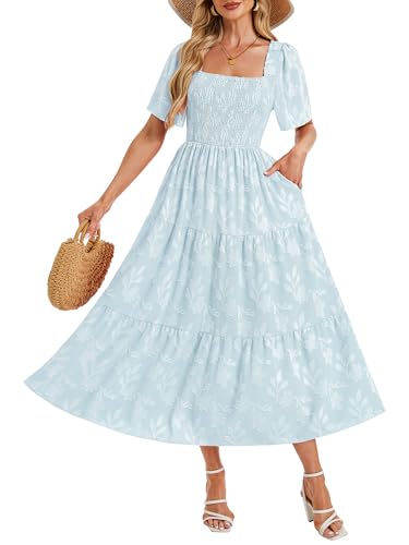 Image of Women's Summer Dresses 2025 Casual Maxi Dresses Boho Floral Short Sleeves Square Neck Beach Vacation with Pockets