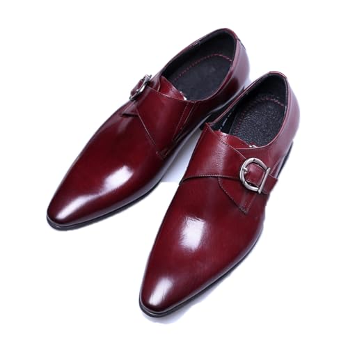 LMUIPMAA Mocassins Hommes Chaussures habillées Bout Pointu Boucle Chaussures de Moine Slip on Mariage Cuir Oxfords,Burgundy,39 EU