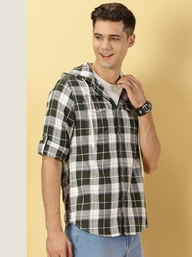 Image of Thomas Scott Men's | Checks | Full Sleeve | Regular Fit | 100% Cotton | Hooded | Casual Shirt