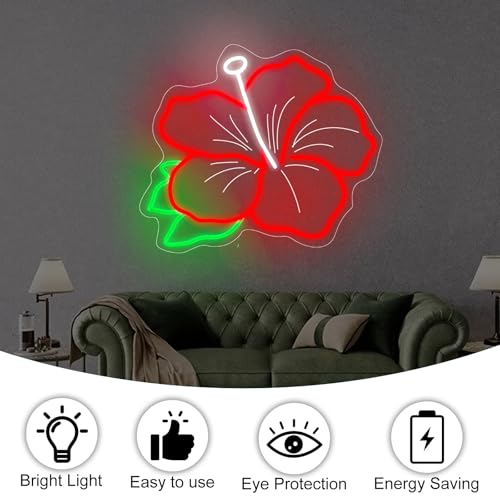 Image of Hibiscus Neon Sign Hibiscus Flower Neon Light Hawaii Floral Neon Light Tropical Flower Sign Home Wall Art Decoration, 15 inchx12 inch, Red