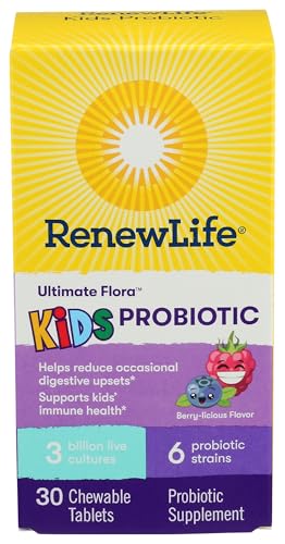 Renew Life Kids Probiotic Chewables, Supports Digestive & Immune Health, Prebiotics & Probiotics, Raspberry, 30 Chewable Tablets