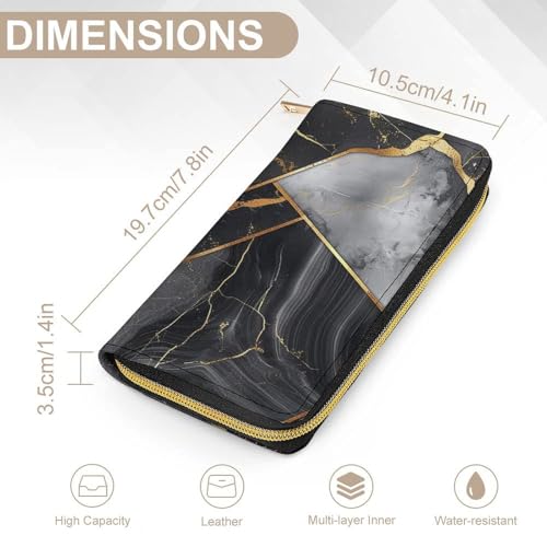 Black Marble Texture Gold Print Long Wallet for Women Men PU Leather Card Holder Organizer with Zipper Coin Pocket & Cash Slots2