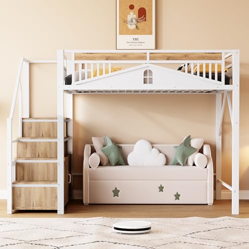 Design della scala con spazio contenitivo - Questo letto a soppalco in metallo dispone di uno spazio contenitivo integrato sotto ogni gradino degli elementi laterali per arrampicarsi e di un piccolo armadio per organizzare e riporre facilmente gli oggetti importanti.