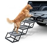 Foldable 4-Step Dog Stairs for Cars, Trucks & SUVs – Heavy-Duty Carbon Steel Pet Ladder Supports 230LB, Non-Slip Metal Mesh, Joint-Friendly Portable Ramp for Large & Small Dogs