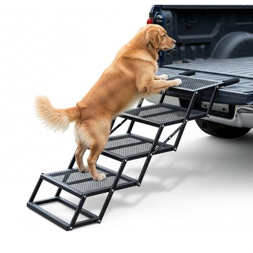 Foldable 4-Step Dog Stairs for Cars, Trucks & SUVs – Heavy-Duty Carbon Steel Pet Ladder Supports 230LB, Non-Slip Metal Mesh, Joint-Friendly Portable Ramp for Large & Small Dogs