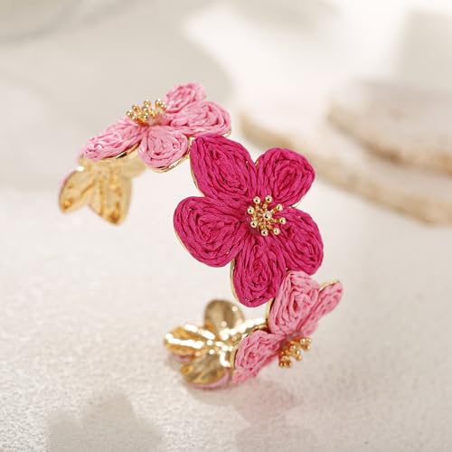 Raffia Flower Cuff Bracelet for Women, Floral Chunky Bangle Wide Open Cuff Statement Bracelet4