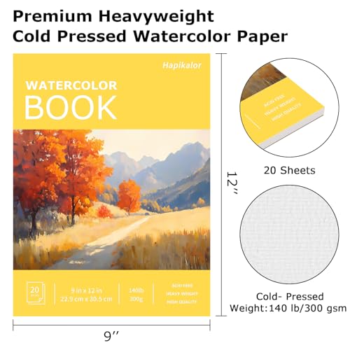 Image of Watercolor Paper Pad 9x12, 140lb /300gsm Cold Press Drawing Paper, 20 Sheets Acid-Free Artist Sketchbook for Wet Media, Gouache & Acrylic, Double Sided Painting Paper (Yellow Cover)