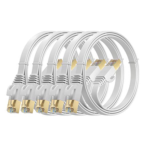 Cat 7 Ethernet Cable 1.5ft Flat Internet LAN Network Patch Cord RJ45 Connectors 5 Pack - White