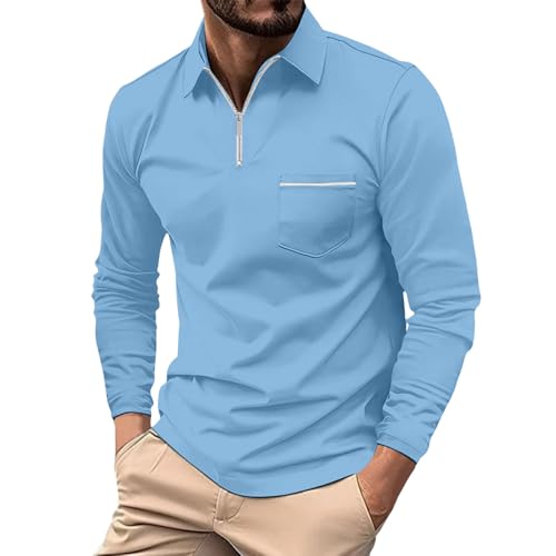 2026 Novedades Polo Hombre Camiseta de Manga Larga Liso Casual Vacaciones Tops, azul celeste, 3XL