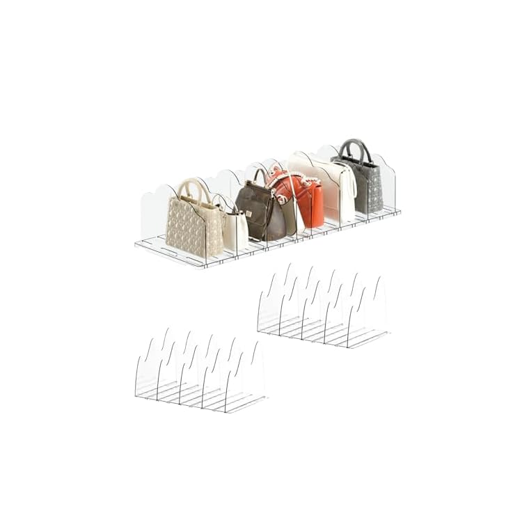 KKPOT Adjustable Acrylic Purse Organizer for Closet - Handbag Storage Shelf with Dividers, Clear Multi-Use for Purses, Bags, Office/Kitchen for Women (Extended base+5 partitions 2set, Wave)
