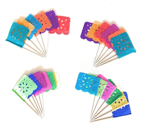 24個セット マルチカラー ミニ メキシカンペーパー パペル ピカド ティッシュ バナー 旗 バンデリタ フィエスタ パーティー デコレーション カップケーキ トッパー パーティー バンデリン フラワーデザインの商品画像（Amazon）