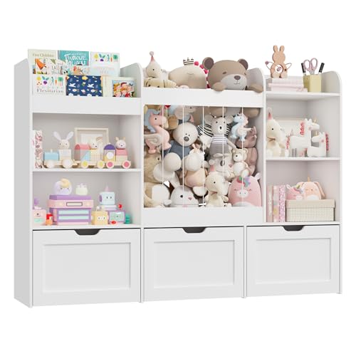 Image of VortinT 61" W Extra Large Kids Toy Storage Organizer with Bookshelf and Stuffed Animal Storage, 3 Large Movable Drawers, 4 Compartments & 3-Tier Shelves for Kids Room, Playroom, White