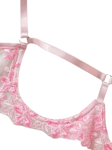 Image of Lilosy Women's Sexy Underwire Floral Lace Sheer Lingerie Set See Through Bra and Panty 2 Piece Flower Pink Small