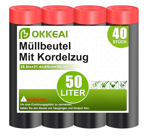 OKKEAI Schwarz Müllsäcke 50Liter mit Zugband Reißfest Müllbeutel Große Mülltüten,40 Stück Küchen Abfallbeutel
