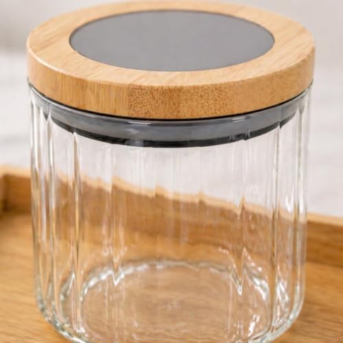 Image of Borosilicate Transparent Striped Glass Storage Jar Set with Bamboo Tray, Set of 2 (500ml) Airtight Round Glass Containers with Bamboo Lids & Silicone Seal, Dry Fruit Storage Jars for Spice