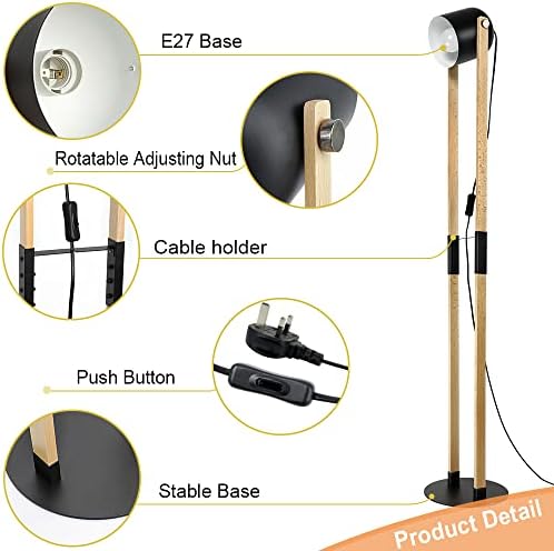 Depuley Retro Floor Lamp Made of Wood and Metal, Standing Lamp with Push Button, 360° Rotatable E27 Socket, Eye Protection Reading Lamp, Standard Lamps for Living Room,Bedroom (E27 Bulb Included)