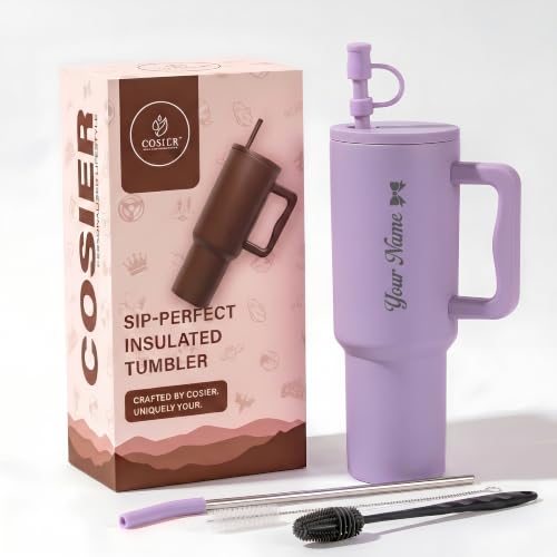 Image of Personalised 1200ml Insulated Stainless Steel Tumbler with Handle and Straw Lid - Large Travel Mug for Coffee & Water, Double Wall Vacuum Cup, Car Cupholder Friendly (Lavender Mist)