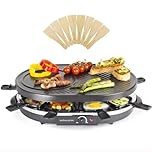 Andrew James 8 Person Traditional Raclette Grill with 8 Pans & Spatulas | Adjustable 1200W Thermostatic Control | Easy Clean Non-Stick Surfaces | Perfect for Parties and Indoor Use