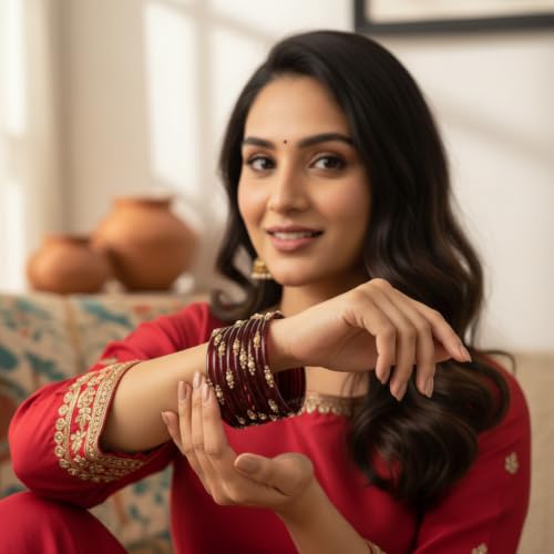 Image of SUNDRAM Women's Premium Fancy Glass Bangles for Women & Girls |with Zircon Gemstone Work & Charm| Traditional Ethnic Bangles Set of 12