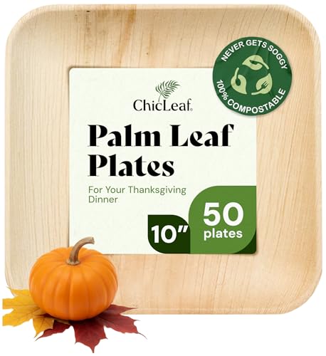 Chic Leaf Palm Leaf Plates Disposable Inch Square Pack Compostable Biodegradable & Eco Friendly Plates,Microwave Safe Disposable (1, 10'' (Pack of 50))